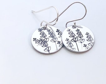Lavender Earrings - Silver Disk Earrings, Spring or Summer Earrings, Birthday Gift Earrings Gift For Her, Wildflower Earrings, Floral Earrin