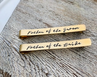 Gold Father of the Bride Tie Clip - Father of the Groom Tie Clip -  Script Tie Clips - Wedding Party Gifts - Brass Tie Bars