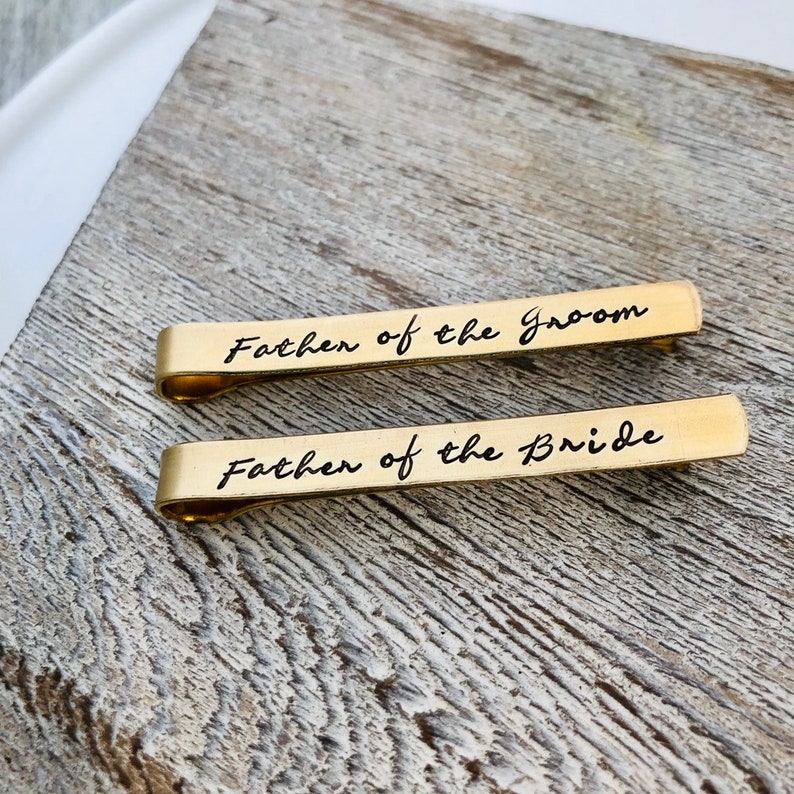 Gold Father of the Bride Tie Clip - Father of the Groom Tie Clip -  Script Tie Clips - Wedding Party Gifts - Brass Tie Bars 