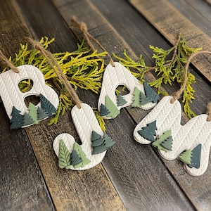 Alphabet Initial Ornaments, Stocking Tags,  Forest Christmas Ornaments, Textured Clay Ornament, Scandi Decor, Rustic Holiday Decor