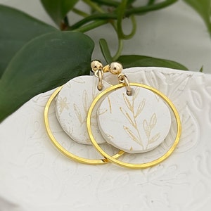 CLAY Earrings, Lightweight Floral Earrings, Circle  Hoop Earrings white and gold  Leaf Botanical Print Earrings, Boho