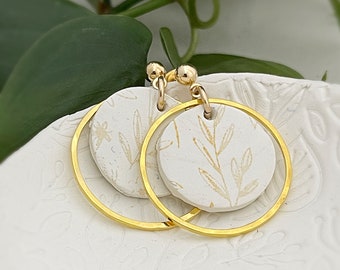 CLAY Earrings, Lightweight Floral Earrings, Circle  Hoop Earrings white and gold  Leaf Botanical Print Earrings, Boho