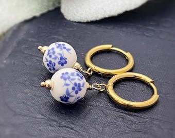 Huggie Hoop Chinoiserie Earrings,  Blue and White Porcelain Earrings, Gold Hoops, Bridal Jewelry, Minimalist,  Drop Earrings