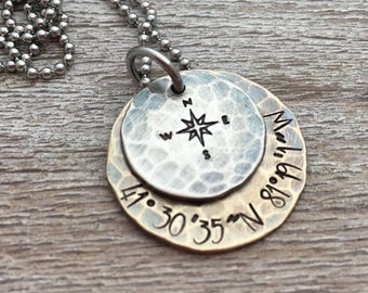 Personalized Men's Necklace: Sterling Silver Compass Rose, Custom Coordinates
