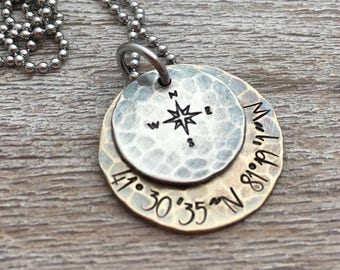 Men's Necklace, Personalized Men's Gift,  Custom Coordinates, Personalized Jewelry , Compass Rose Necklace, Graduation gift for him birthday