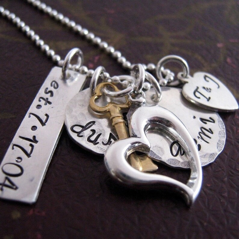 Hand Stamped Necklace The Keys To My Heart family necklace Mothers Necklace Family Jewelry with Names Gift for Mom Personalized image 1