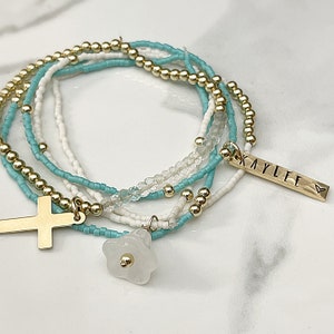 Confirmation Gift for Her, Gold filled bead bracelet, Seed Bead Bracelet Set, Name Jewelry, Cross Bracelet image 3