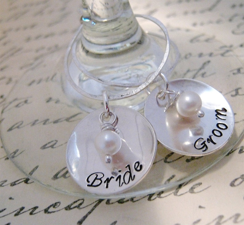 Bride and Groom Drink Tags Wine Glass Charms Hand Stamped Etsy