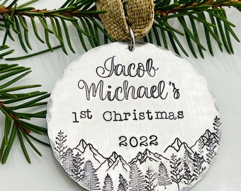 Baby's First Christmas Ornament, Mountain Ornament, Forest Ornament, Personalized Christmas Ornament, New Baby Gift Woodland Ornament