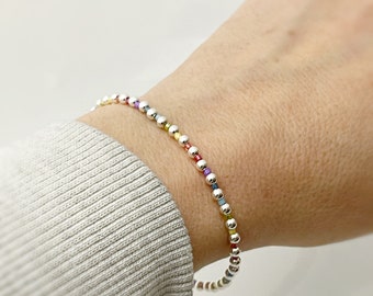 Tiny Beaded Bracelet, Sterling Silver and Seed Bead Bracelet, Rainbow Bracelet, Dainty Subtle Colorful Jewelry for Her