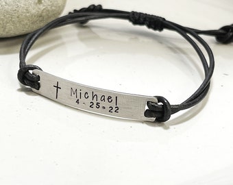 Men’s Personalized Leather Cord Bracelet, Boys Confirmation or First Communion Gift, Stainless Steel and Leather