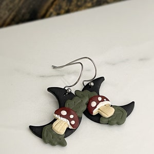 Mushroom and Black Moon Earrings, Handmade Clay Earrings, Lightweight Hypoallergenic, Forest Inspired Cottagecore Jewelry