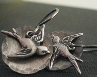 Silver Bird Earrings - Silver disc earrings - bird jewelry - sterling silver jewelry - rustic jewelry - sparrow earrings