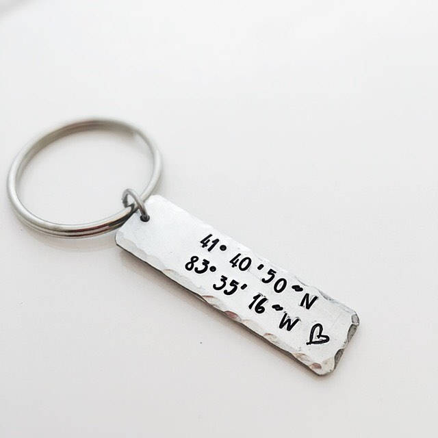 Hand-Stamped Coordinates with Town Initial Keychain – pewter