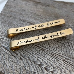 Gold Father of the Bride Tie Clip Father of the Groom Tie Clip Script Tie Clips Wedding Party Gifts Brass Tie Bars image 2