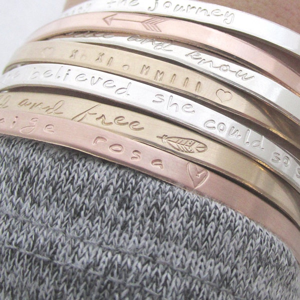 ONE Personalized Skinny Cuff Bracelet - Handstamped Bracelet - Dainty Cuff -  Inspirational Jewelry - Stacking bracelets  - Arrow Bracelet