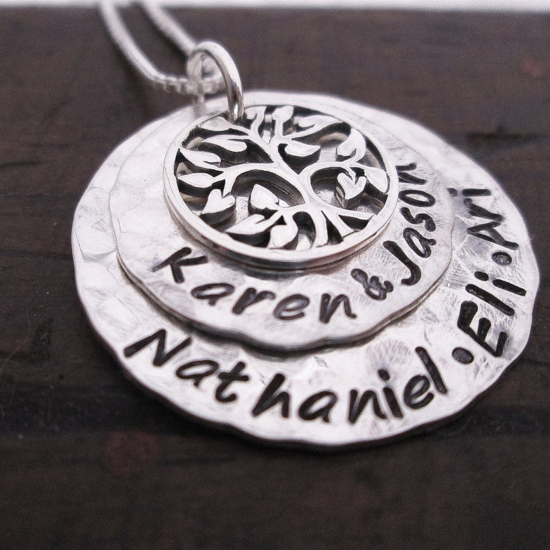Family Necklace Silver Family Tree Necklace hand stamped necklace mothers jewelry grandmothers necklace image 2