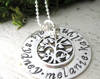 Sterling silver Family Necklace  - Love All Around Family Tree - hand stamped necklace -mothers jewelry - Gift for Mom - Family Jewelry