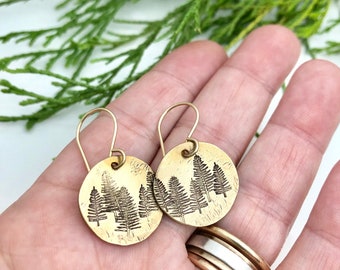 Tree Earrings - Winter Earrings - Forest Earrings - Brass Gold Earrings - Gift for her - Stocking Suffer - Pine Earrings - gift under 20