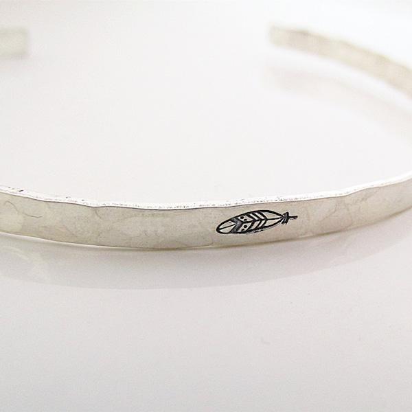 Feather Bracelet  - sterling silver cuff bracelet  - hand stamped jewelry - skinny cuff - stacking bracelets
