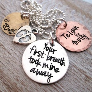 Mothers Necklace - Mixed Metal Your First Breath - hand stamped necklace - mom jewelry Personalized