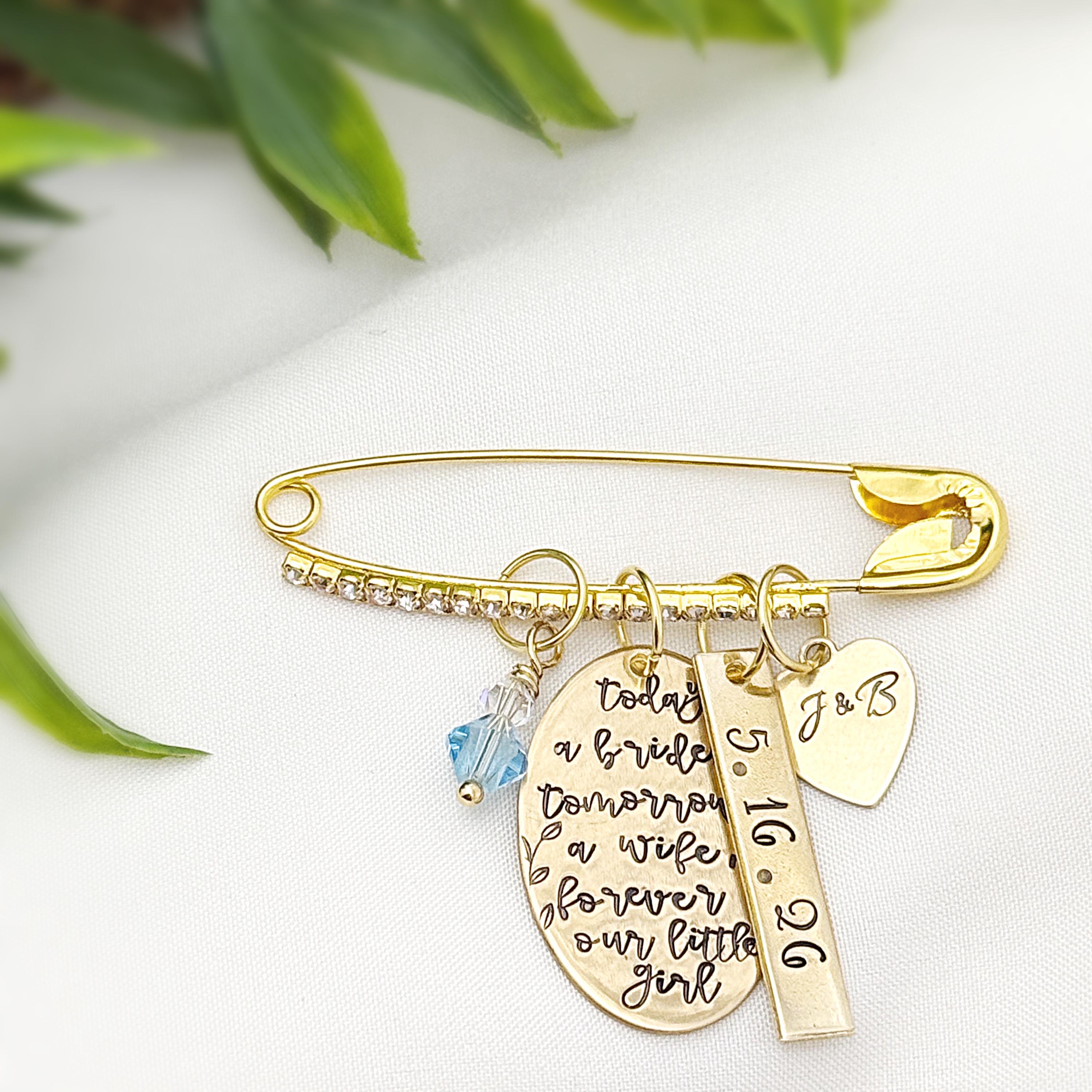 Something Blue Gift for Bride with Personalized Charms, Custom Golden Brass Bouquet Pin, Gift for Bride from Parents, Always Our Little Girl