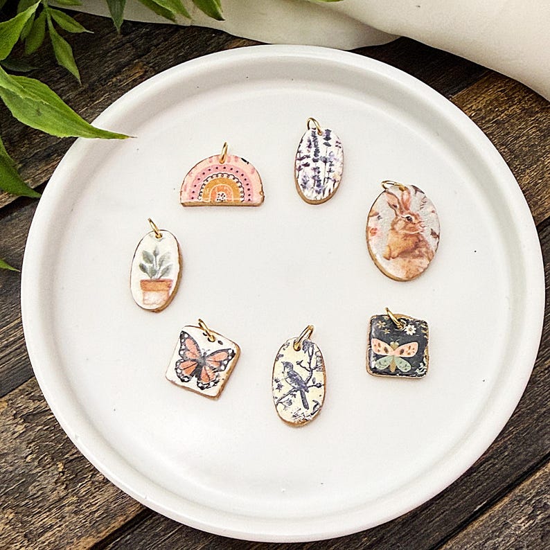 Handmade Charms, Spring Charms, Polymer Clay Tiny Charms for Necklaces and Bracelets, butterfly, bunny, plants image 2