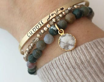 Choose Joy Inspirational Bracelet - Fancy Jasper Bracelet - Stone Bracelets -Boho Bracelet Set - Druzy Bracelet- Gift for her