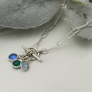 Sterling Silver Toggle Necklace with Family Birthstone Charms, Gift for Grandma, Mom