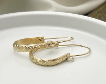 Gold Floral Hoop Earrings, Saddle Hoops, 14k gold filled