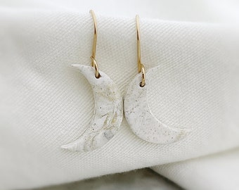 Handmade Clay Earrings, White and Gold Moon Dangle Earrings, Lightweight, Celestial Moon Phase