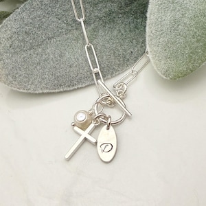 Collier ou bracelet croix en argent sterling ou en acier inoxydable, cadeau de confirmation, cadeau de baptême, collier à breloques en chaîne avec trombone