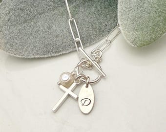 Sterling silver or stainless steel cross necklace or bracelet, confirmation gift, baptism gift, paperclip chain toggle charm necklace