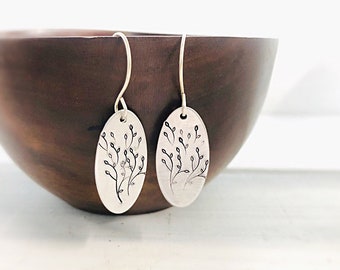 Leaf Earrings - Silver Oval Drop Earrings - Tree Earrings - Nature Inspired Jewelry - Gift for Nature lover - Spring Jewelry - Gift under 15
