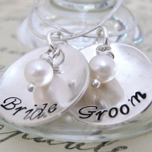 Bride and Groom Drink Tags - Wine Glass Charms -  hand stamped wine charms -  wedding wine charms - Personalized Wedding Charms