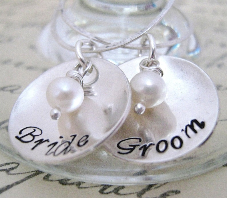 Bride and Groom Drink Tags Wine Glass Charms Hand Stamped Etsy