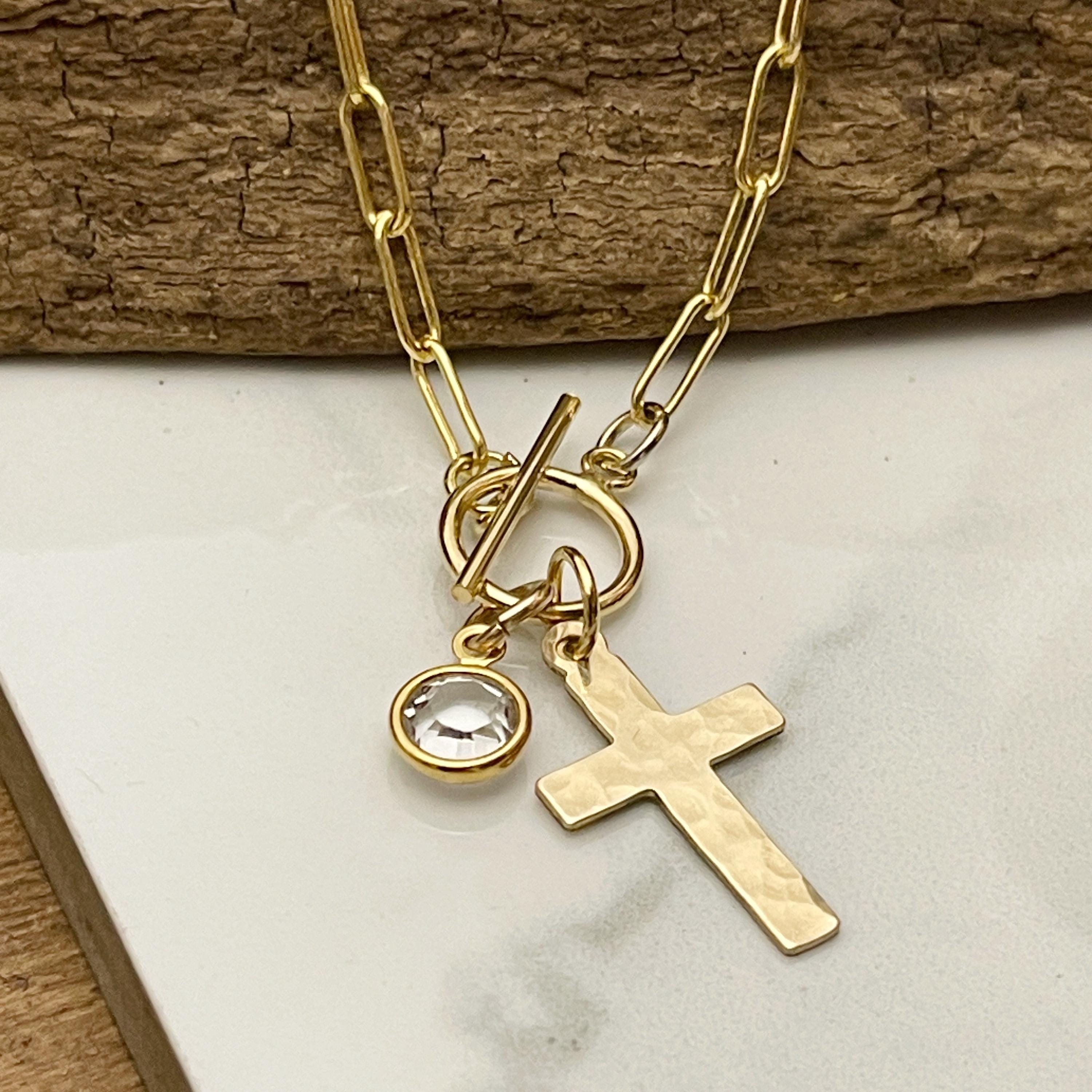 14k gold filled hammered cross necklace,  confirmation gift, baptism gift, paperclip chain toggle charm necklace, gift for women