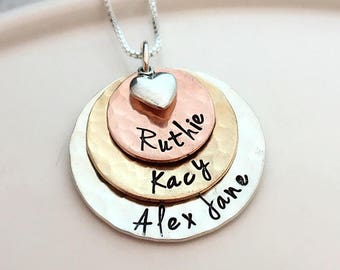 Personalized Gift for Mom, Mixed Metal Stacked Multi Name Necklace