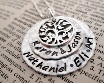 Family Necklace - Silver  Family Tree Necklace - hand stamped necklace -mothers jewelry - grandmothers necklace