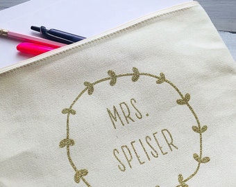Teacher Gift 2023 - Large Zipper Pouch - Personalized Gift for Teacher - Personalized Mrs. Bag - Canvas Zippering Pouch - Pencil Pouch