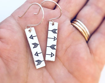 Valentines Day Gift for Her - Arrow Earrings - Silver Arrows - Sterling Silver Rectangle  Earrings - Boho Earrings - Love Earrings