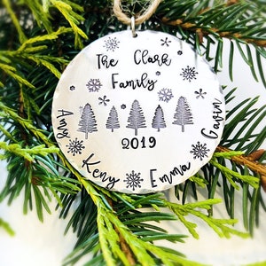 May include: Silver Christmas ornament with the text "The Clark Family 2019" and the names "Amy, Kenny, Emma, Gavin" around the edge. There are five stylized Christmas trees and snowflakes around the ornament.