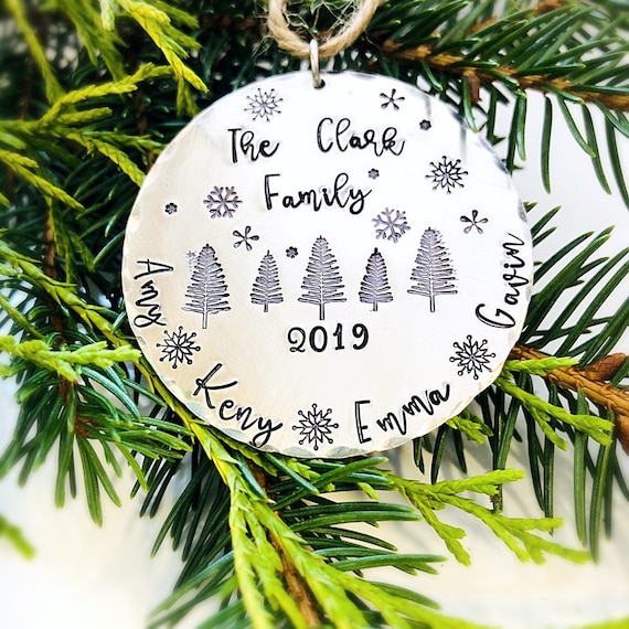 Personalized Family Name Ornament, Winter Scene, Gift for New Family, Custom Christmas Tree Ornament, Rustic Christmas Decor, Hand stamped