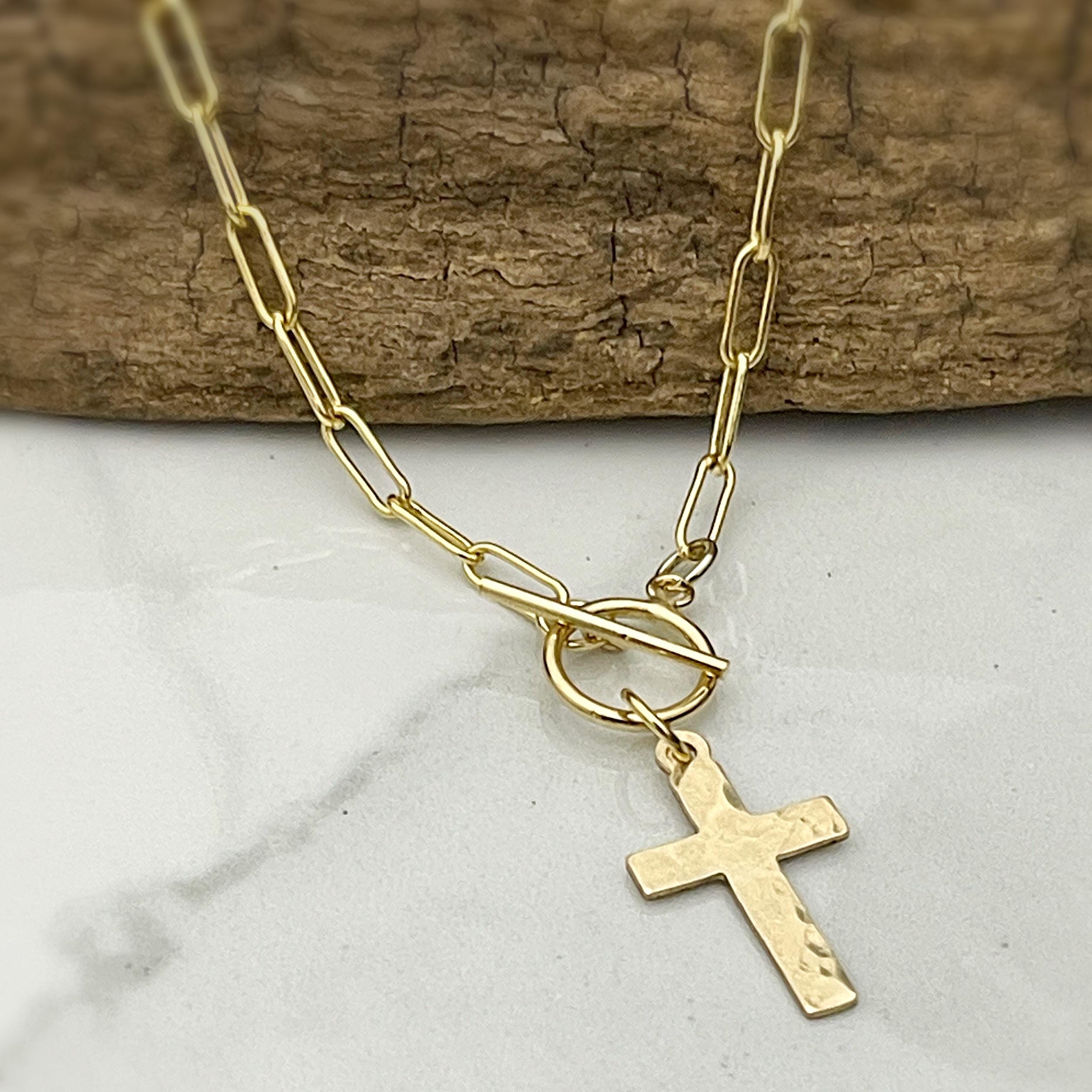 14k gold filled hammered cross necklace,  confirmation gift, baptism gift, paperclip chain toggle charm necklace, gift for women