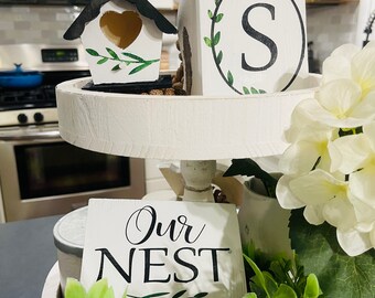 Housewarming Gift, Tiered Tray Decor, Our Nest Sign, Farmhouse Wood Sign Decor, Mini Birdhouse Decor, New House Gift