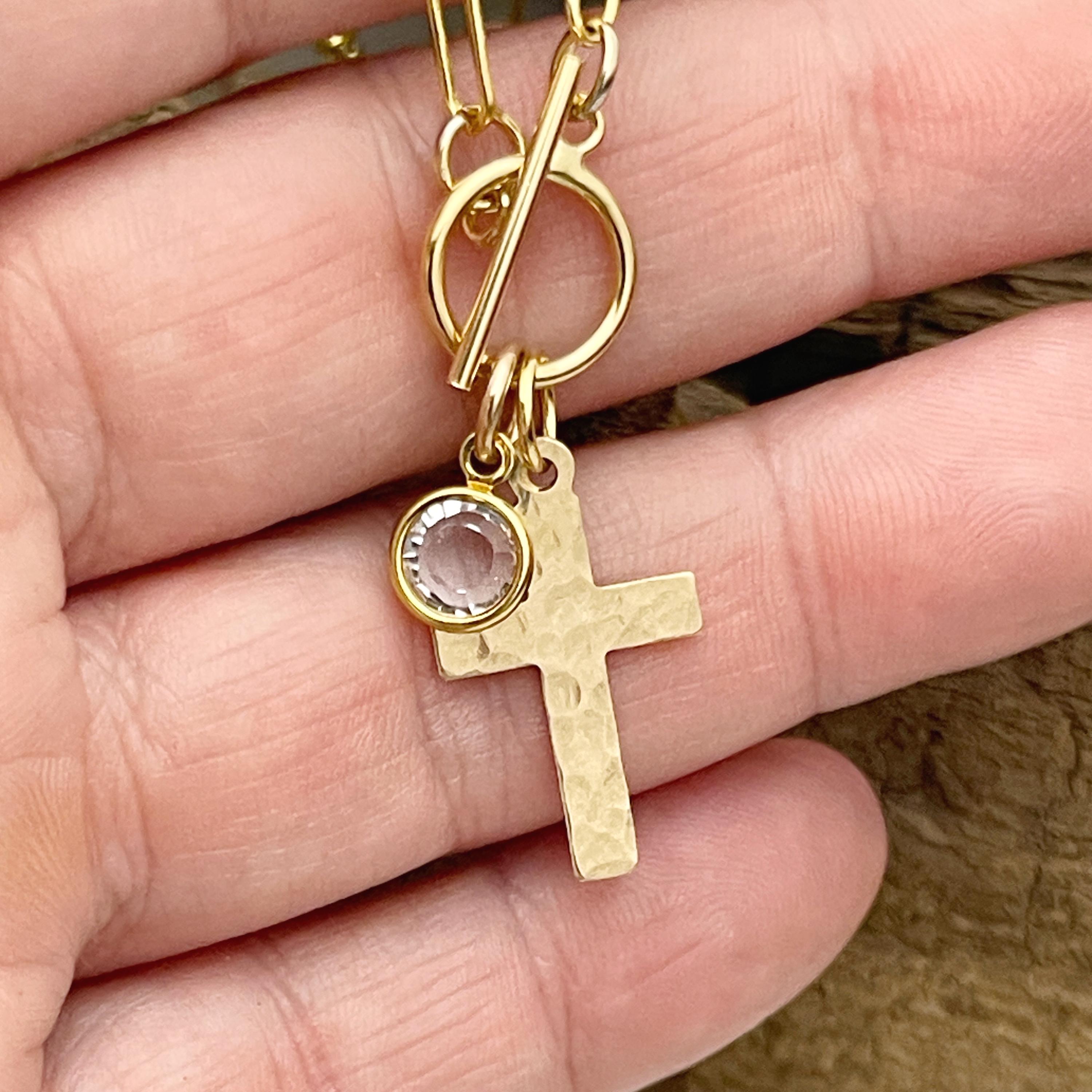14k gold filled hammered cross necklace,  confirmation gift, baptism gift, paperclip chain toggle charm necklace, gift for women