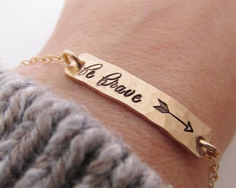 Be Brave Gold Bar Bracelet - Arrow Bracelet  - Silver bar bracelet - hand stamped jewelry - Inspirational Jewelry - Layering Bracelet