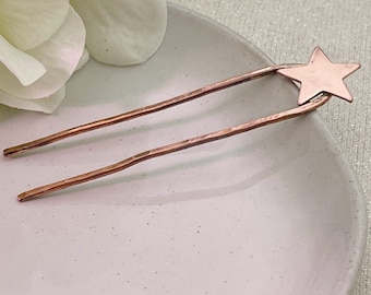 Star Hair Fork, Smaller size Metal U Pin for Hair, Hammered Hair Stick, Copper Star Hair Boho Accessories
