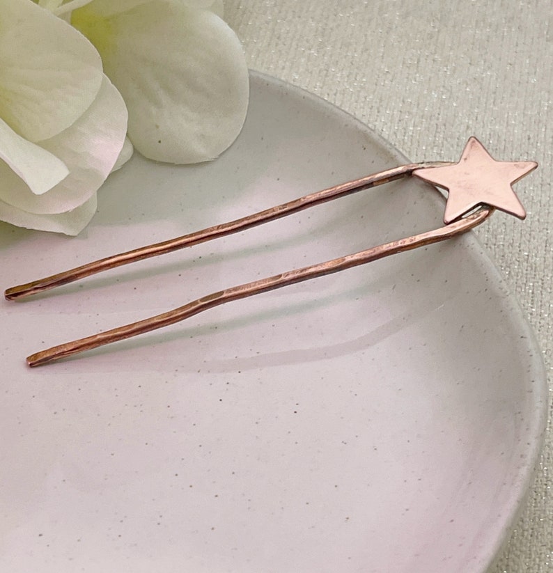 Star Hair Fork, Smaller size Metal U Pin for Hair, Hammered Hair Stick, Copper Star Hair Boho Accessories image 1