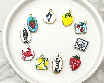 Handpainted Clay Charm, Colorful Charms, Summer Charms Shell, Lemon, Lighthouse